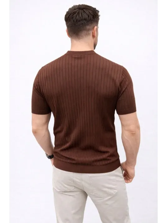 Erkek Kısa Kol Fitilli Triko T-shirt Yazlık Hakim Yaka Tişört - Kahverengi Erkek Kısa Kol Fitilli Triko T-shirt Yazlık Hakim Yaka Tişört - Kahverengi