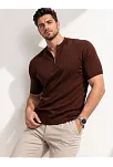Erkek Kısa Kol Fitilli Triko T-shirt Yazlık Hakim Yaka Tişört - Kahverengi