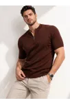 Erkek Kısa Kol Fitilli Triko T-shirt Yazlık Hakim Yaka Tişört - Kahverengi Erkek Kısa Kol Fitilli Triko T-shirt Yazlık Hakim Yaka Tişört - Kahverengi