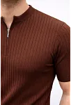 Erkek Kısa Kol Fitilli Triko T-shirt Yazlık Hakim Yaka Tişört - Kahverengi
