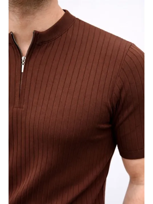 Erkek Kısa Kol Fitilli Triko T-shirt Yazlık Hakim Yaka Tişört - Kahverengi Erkek Kısa Kol Fitilli Triko T-shirt Yazlık Hakim Yaka Tişört - Kahverengi