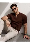 Erkek Kısa Kol Fitilli Triko T-shirt Yazlık Hakim Yaka Tişört - Kahverengi
