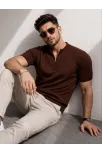Erkek Kısa Kol Fitilli Triko T-shirt Yazlık Hakim Yaka Tişört - Kahverengi Erkek Kısa Kol Fitilli Triko T-shirt Yazlık Hakim Yaka Tişört - Kahverengi