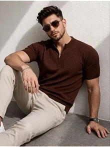 Erkek Kısa Kol Fitilli Triko T-shirt Yazlık Hakim Yaka Tişört - Kahverengi