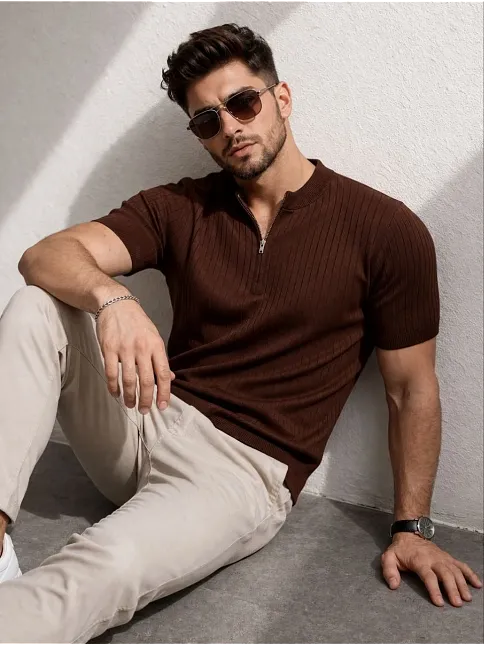 Erkek Kısa Kol Fitilli Triko T-shirt Yazlık Hakim Yaka Tişört - Kahverengi
