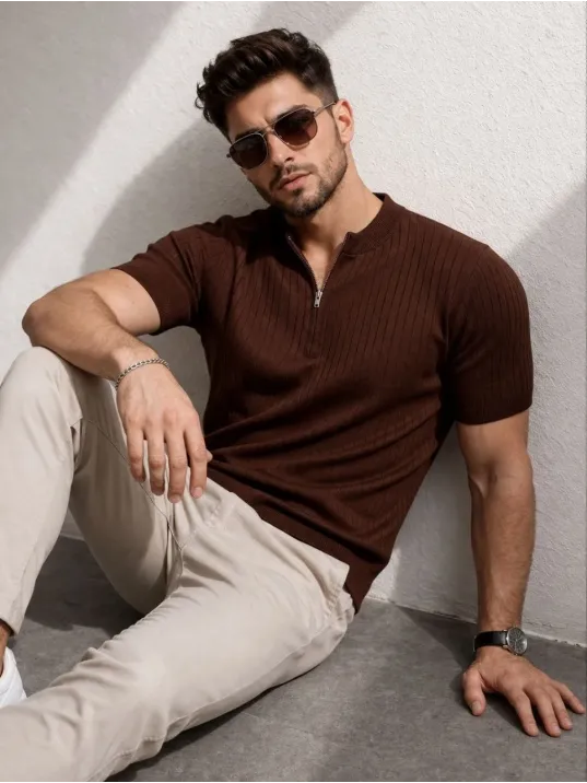 Erkek Kısa Kol Fitilli Triko T-shirt Yazlık Hakim Yaka Tişört - Kahverengi Erkek Kısa Kol Fitilli Triko T-shirt Yazlık Hakim Yaka Tişört - Kahverengi