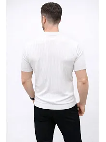 Erkek Kısa Kol Fitilli Triko T-shirt Yazlık Hakim Yaka Tişört - Beyaz