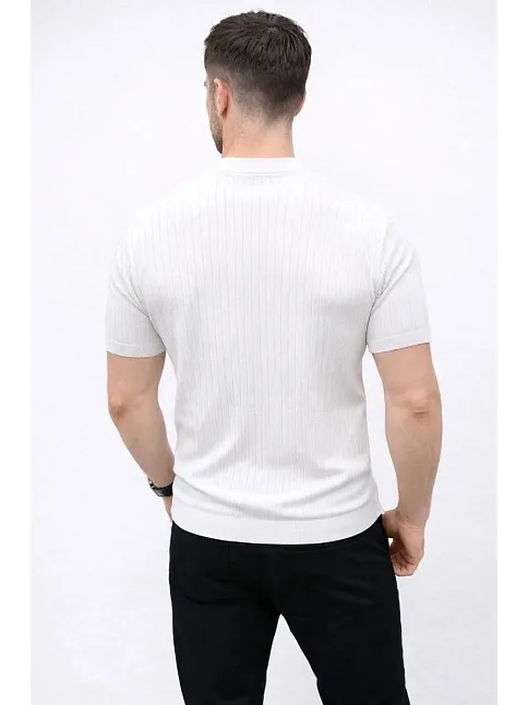 Erkek Kısa Kol Fitilli Triko T-shirt Yazlık Hakim Yaka Tişört - Beyaz