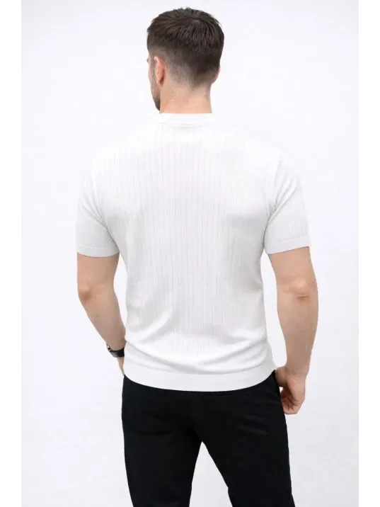 Erkek Kısa Kol Fitilli Triko T-shirt Yazlık Hakim Yaka Tişört - Beyaz