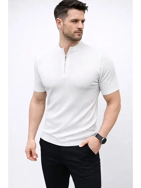 Erkek Kısa Kol Fitilli Triko T-shirt Yazlık Hakim Yaka Tişört - Beyaz
