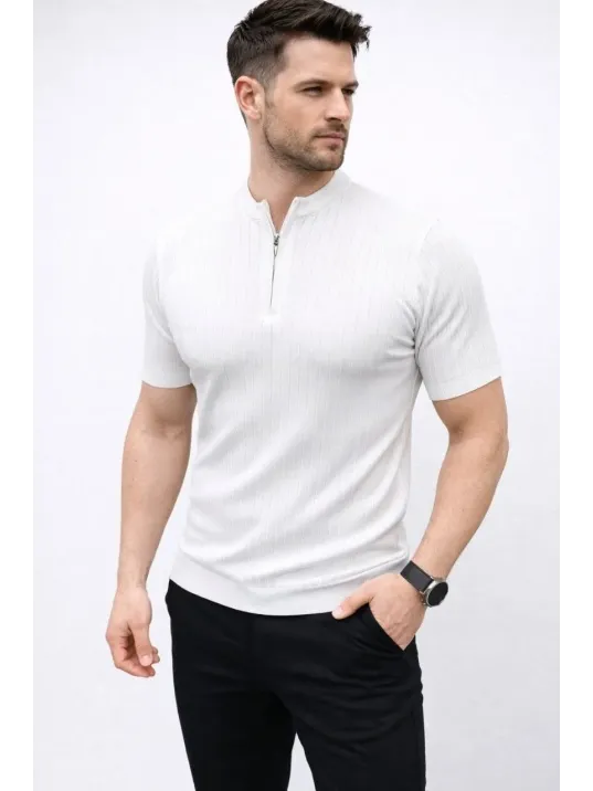Erkek Kısa Kol Fitilli Triko T-shirt Yazlık Hakim Yaka Tişört - Beyaz