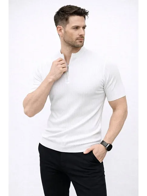 Erkek Kısa Kol Fitilli Triko T-shirt Yazlık Hakim Yaka Tişört - Beyaz