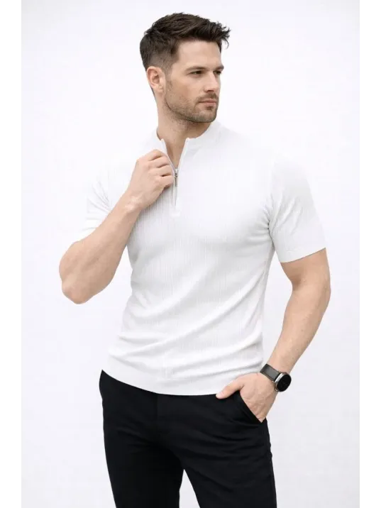 Erkek Kısa Kol Fitilli Triko T-shirt Yazlık Hakim Yaka Tişört - Beyaz