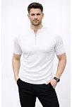 Erkek Kısa Kol Fitilli Triko T-shirt Yazlık Hakim Yaka Tişört - Beyaz