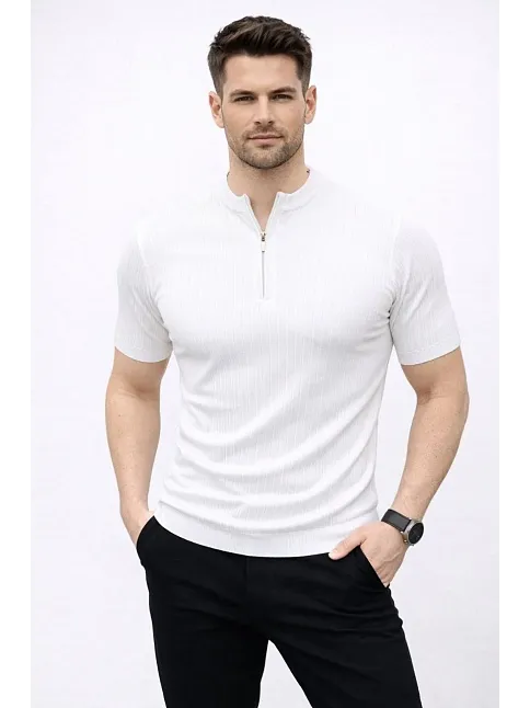 Erkek Kısa Kol Fitilli Triko T-shirt Yazlık Hakim Yaka Tişört - Beyaz