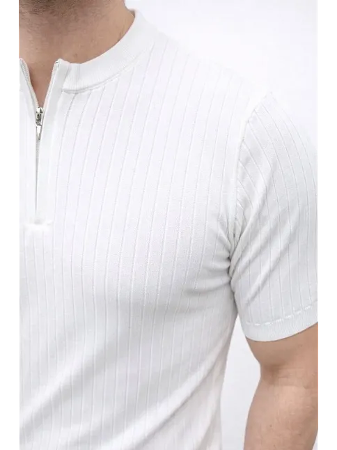 Erkek Kısa Kol Fitilli Triko T-shirt Yazlık Hakim Yaka Tişört - Beyaz