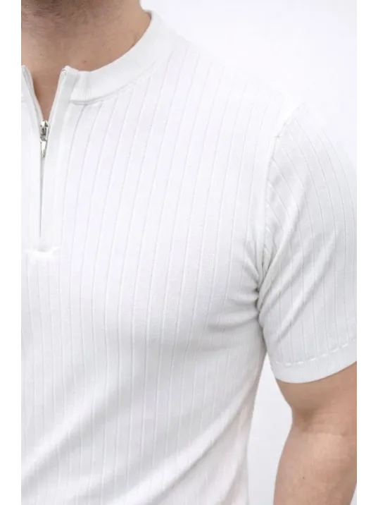 Erkek Kısa Kol Fitilli Triko T-shirt Yazlık Hakim Yaka Tişört - Beyaz