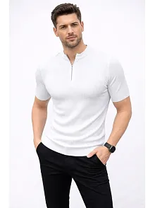 Erkek Kısa Kol Fitilli Triko T-shirt Yazlık Hakim Yaka Tişört - Beyaz