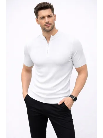 Erkek Kısa Kol Fitilli Triko T-shirt Yazlık Hakim Yaka Tişört - Beyaz