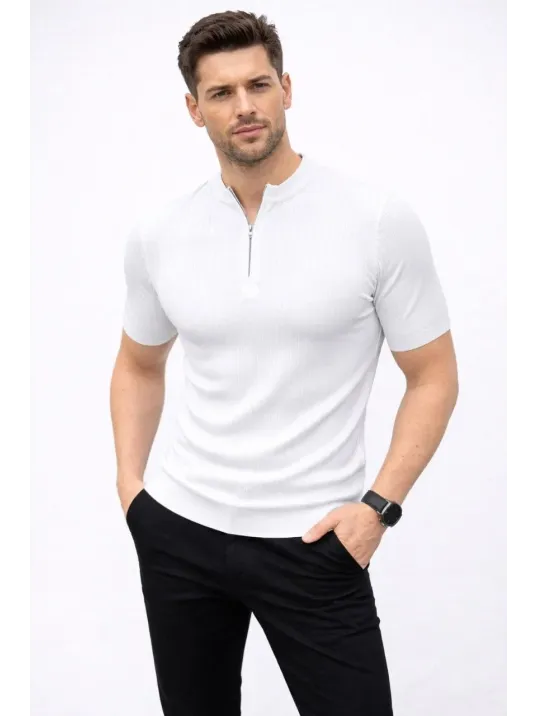 Erkek Kısa Kol Fitilli Triko T-shirt Yazlık Hakim Yaka Tişört - Beyaz