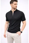 Erkek Kısa Kol Fitilli Triko T-shirt Yazlık Hakim Yaka Tişört - Siyah