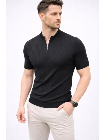 Erkek Kısa Kol Fitilli Triko T-shirt Yazlık Hakim Yaka Tişört - Siyah Erkek Kısa Kol Fitilli Triko T-shirt Yazlık Hakim Yaka Tişört - Siyah