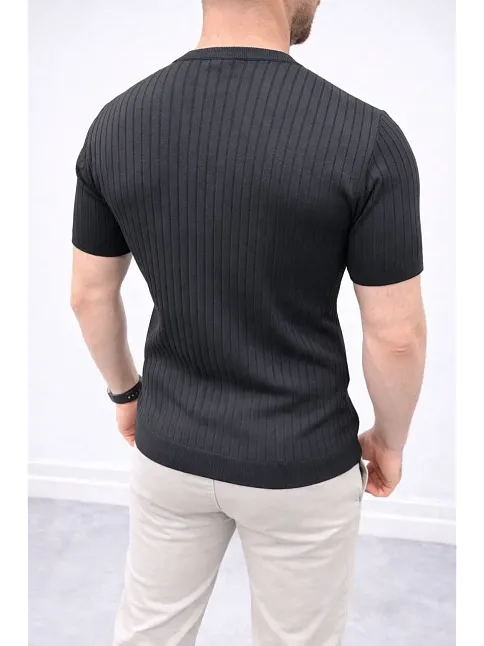Erkek Kısa Kol Fitilli Triko T-shirt Yazlık Hakim Yaka Tişört - Siyah