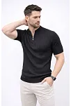 Erkek Kısa Kol Fitilli Triko T-shirt Yazlık Hakim Yaka Tişört - Siyah
