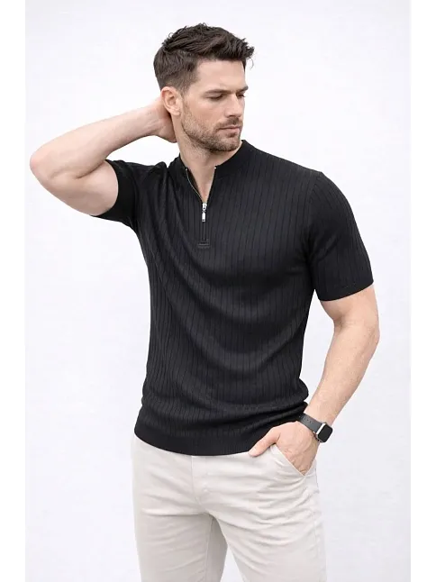 Erkek Kısa Kol Fitilli Triko T-shirt Yazlık Hakim Yaka Tişört - Siyah