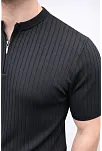 Erkek Kısa Kol Fitilli Triko T-shirt Yazlık Hakim Yaka Tişört - Siyah