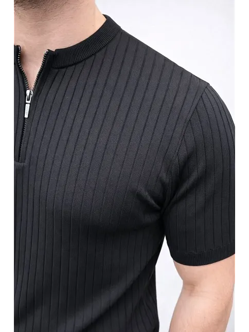 Erkek Kısa Kol Fitilli Triko T-shirt Yazlık Hakim Yaka Tişört - Siyah