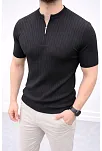 Erkek Kısa Kol Fitilli Triko T-shirt Yazlık Hakim Yaka Tişört - Siyah