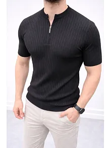 Erkek Kısa Kol Fitilli Triko T-shirt Yazlık Hakim Yaka Tişört - Siyah