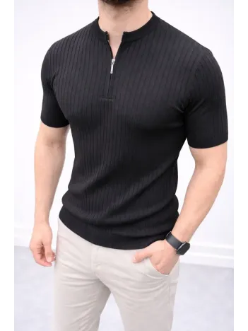Erkek Kısa Kol Fitilli Triko T-shirt Yazlık Hakim Yaka Tişört - Siyah