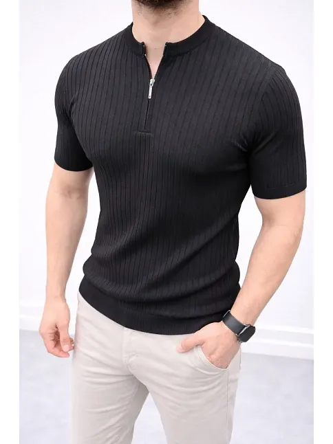 Erkek Kısa Kol Fitilli Triko T-shirt Yazlık Hakim Yaka Tişört - Siyah