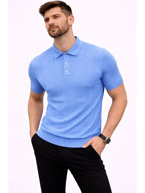 Erkek Yazlık Triko Tişört Kısa Kol Polo Yaka Düğmeli T-shirt - Bebek Mavisi