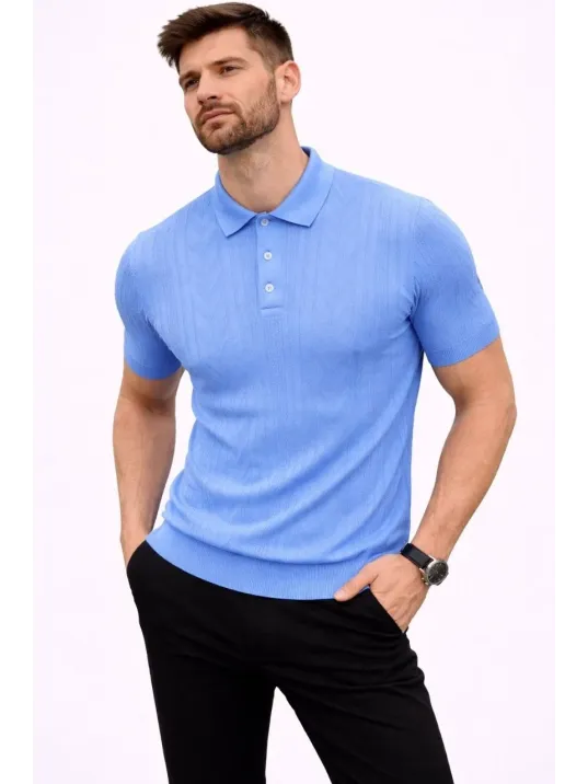 Erkek Yazlık Triko Tişört Kısa Kol Polo Yaka Düğmeli T-shirt - Bebek Mavisi