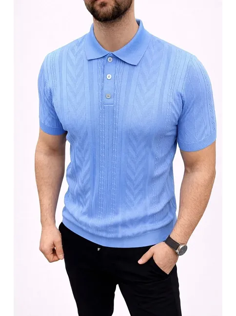 Erkek Yazlık Triko Tişört Kısa Kol Polo Yaka Düğmeli T-shirt - Bebek Mavisi