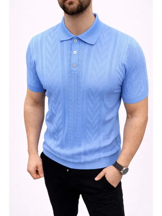 Erkek Yazlık Triko Tişört Kısa Kol Polo Yaka Düğmeli T-shirt - Bebek Mavisi