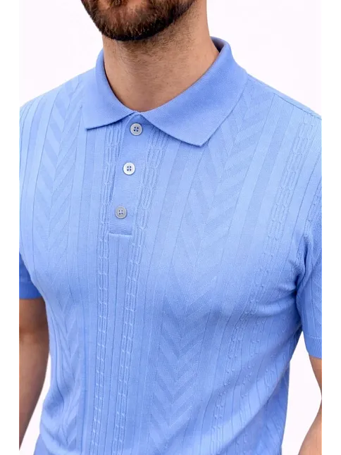 Erkek Yazlık Triko Tişört Kısa Kol Polo Yaka Düğmeli T-shirt - Bebek Mavisi