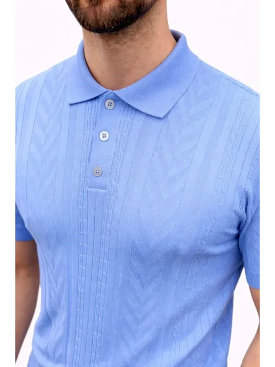 Erkek Yazlık Triko Tişört Kısa Kol Polo Yaka Düğmeli T-shirt - Bebek Mavisi