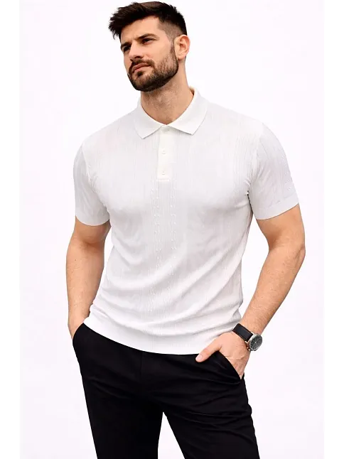 Erkek Yazlık Triko Tişört Kısa Kol Polo Yaka Düğmeli T-shirt - Beyaz