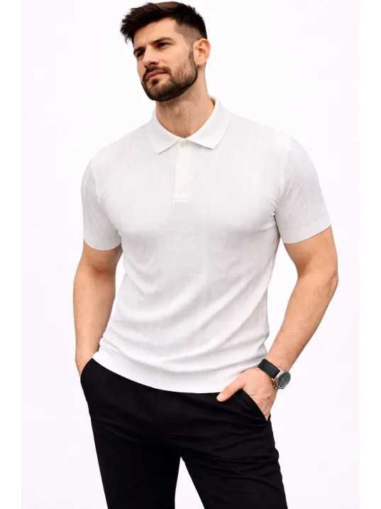 Erkek Yazlık Triko Tişört Kısa Kol Polo Yaka Düğmeli T-shirt - Beyaz Erkek Yazlık Triko Tişört Kısa Kol Polo Yaka Düğmeli T-shirt - Beyaz