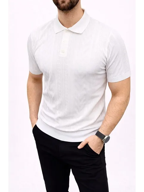 Erkek Yazlık Triko Tişört Kısa Kol Polo Yaka Düğmeli T-shirt - Beyaz