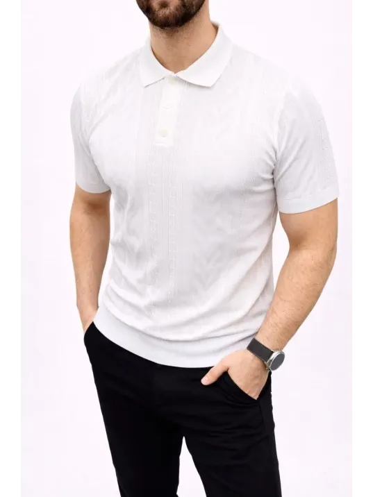 Erkek Yazlık Triko Tişört Kısa Kol Polo Yaka Düğmeli T-shirt - Beyaz Erkek Yazlık Triko Tişört Kısa Kol Polo Yaka Düğmeli T-shirt - Beyaz