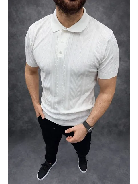 Erkek Yazlık Triko Tişört Kısa Kol Polo Yaka Düğmeli T-shirt - Beyaz