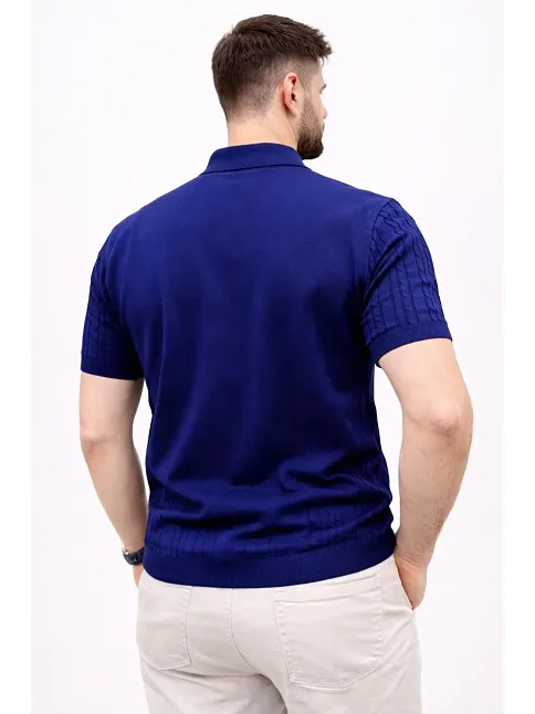 Erkek Yazlık Triko Tişört Kısa Kol Polo Yaka Düğmeli T-shirt - Lacivert