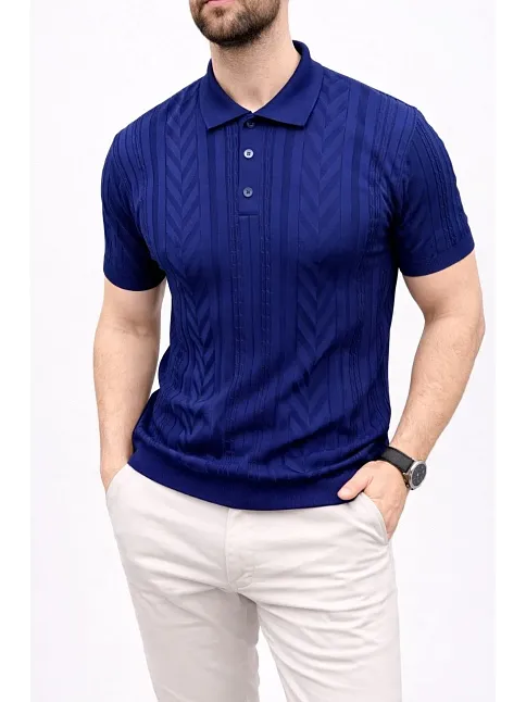 Erkek Yazlık Triko Tişört Kısa Kol Polo Yaka Düğmeli T-shirt - Lacivert