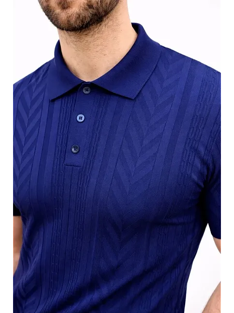 Erkek Yazlık Triko Tişört Kısa Kol Polo Yaka Düğmeli T-shirt - Lacivert