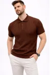 Erkek Yazlık Triko Tişört Kısa Kol Polo Yaka Düğmeli T-shirt - Kahverengi